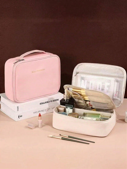 Large Capacity Spacious Double Layer Cosmetic Bag, PU Leather Waterproof Cosmetic Bag, Cosmetic Storage Bag, Lightweight Toiletries Cosmetic Bag, Large Capacity Toiletries Bag With Dividers, Cosmetic