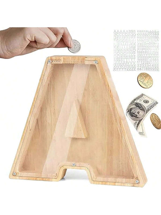 Large Size 26 Alphabet Wooden Piggy Bank- Durable Coin Savings Box, Personalized A-Z Letter Piggy Bank, Transparent Coin Storage Box, Decoration, Birthday, Children's Savings, Alphabet Savings, Boys