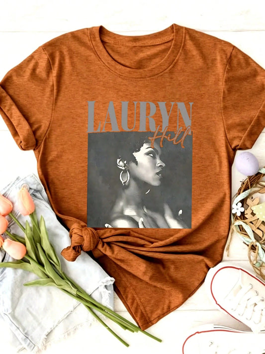 Lauryn Hill Portrait Print Colored Cotton T-Shirt Women's Colored Cotton T-Shirt Understated Luxury Casual Tee Y2K Style With Digital Print