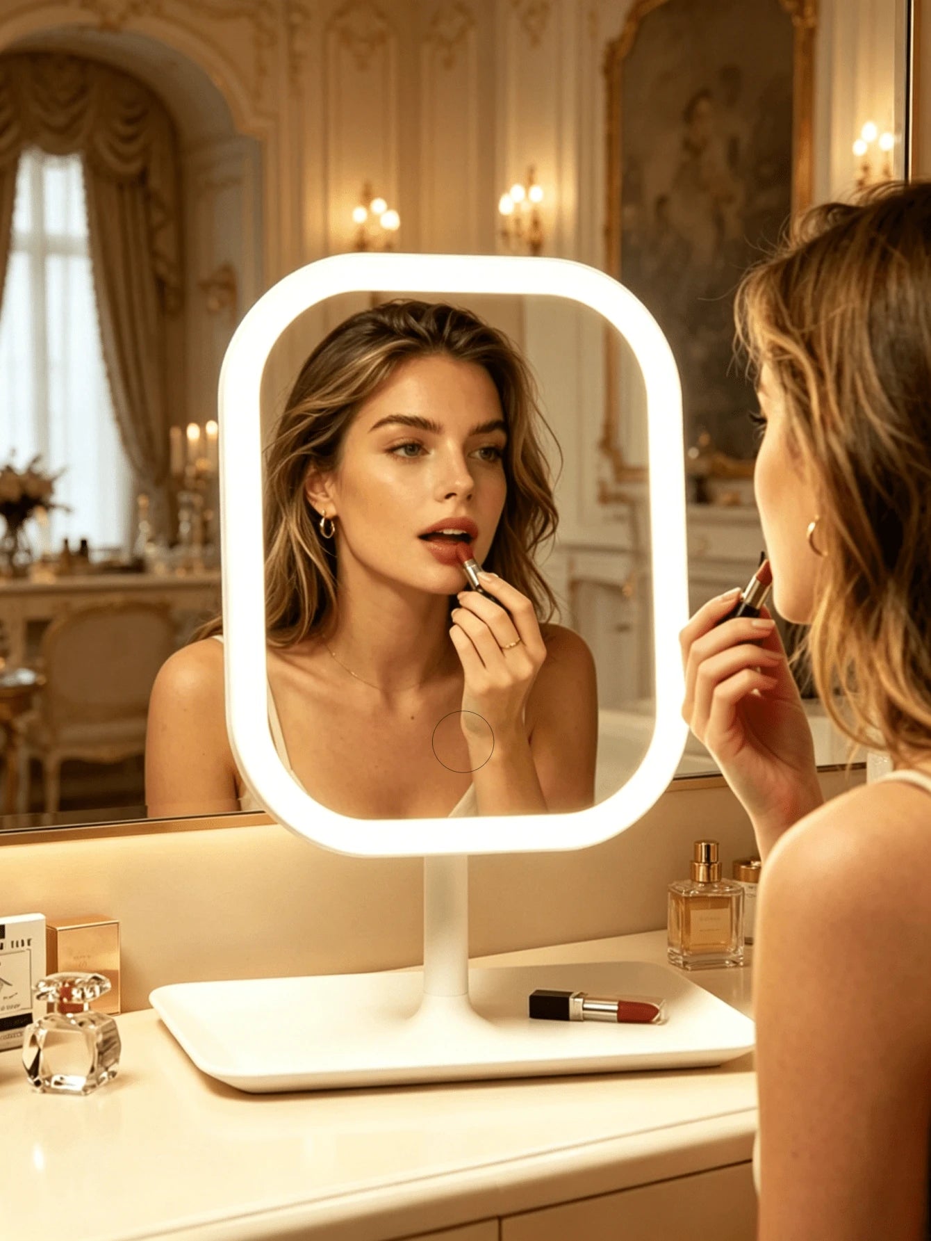 LED Makeup Mirror, Large Mirror Surface, 3-Color Lighting, Dimmable Touch Screen, Optional 3X Magnifying Suction Cup Mirror Set, USB Rechargeable, 360° Rotating, Travel Makeup Mirror With Light, Suita