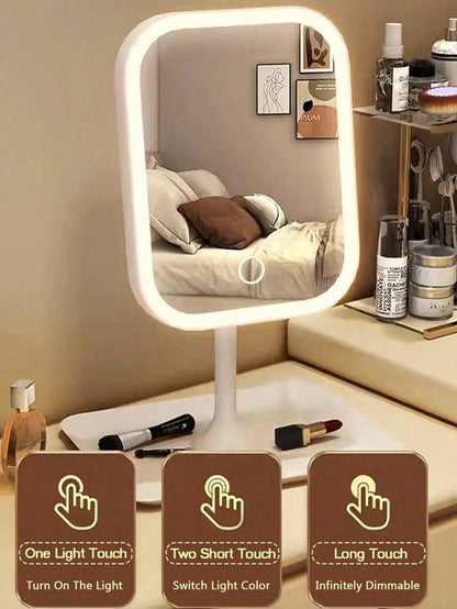 LED Makeup Mirror, Large Mirror Surface, 3-Color Lighting, Dimmable Touch Screen, Optional 3X Magnifying Suction Cup Mirror Set, USB Rechargeable, 360° Rotating, Travel Makeup Mirror With Light, Suita