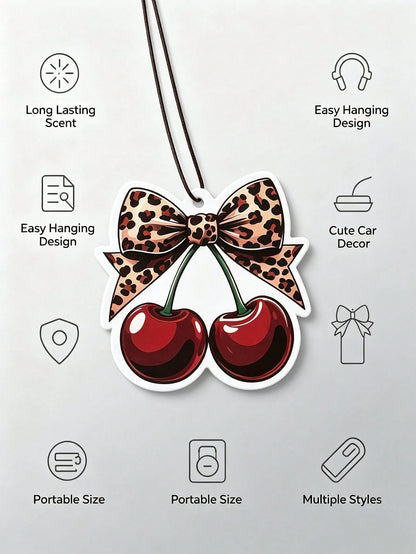 Leopard Print Car Hanging Ornament, Y2K Cherry Scented Car Air Freshener Set, Sweet And Wild Themed Fragrance Card, Leopard Bow Cherry Style, Featuring Red High Heel And Lip Design, Durable Hanging Ar