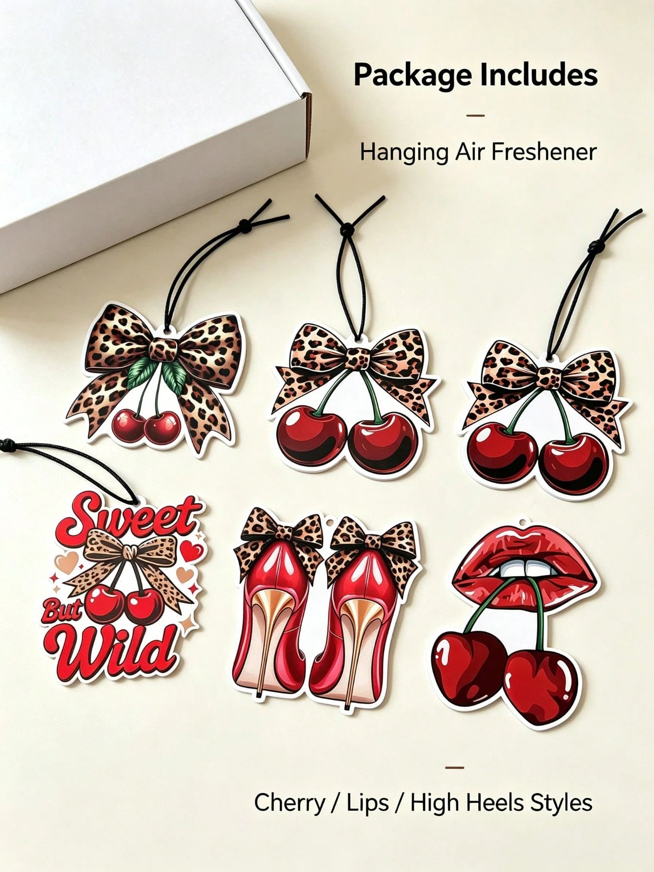 Leopard Print Car Hanging Ornament, Y2K Cherry Scented Car Air Freshener Set, Sweet And Wild Themed Fragrance Card, Leopard Bow Cherry Style, Featuring Red High Heel And Lip Design, Durable Hanging Ar