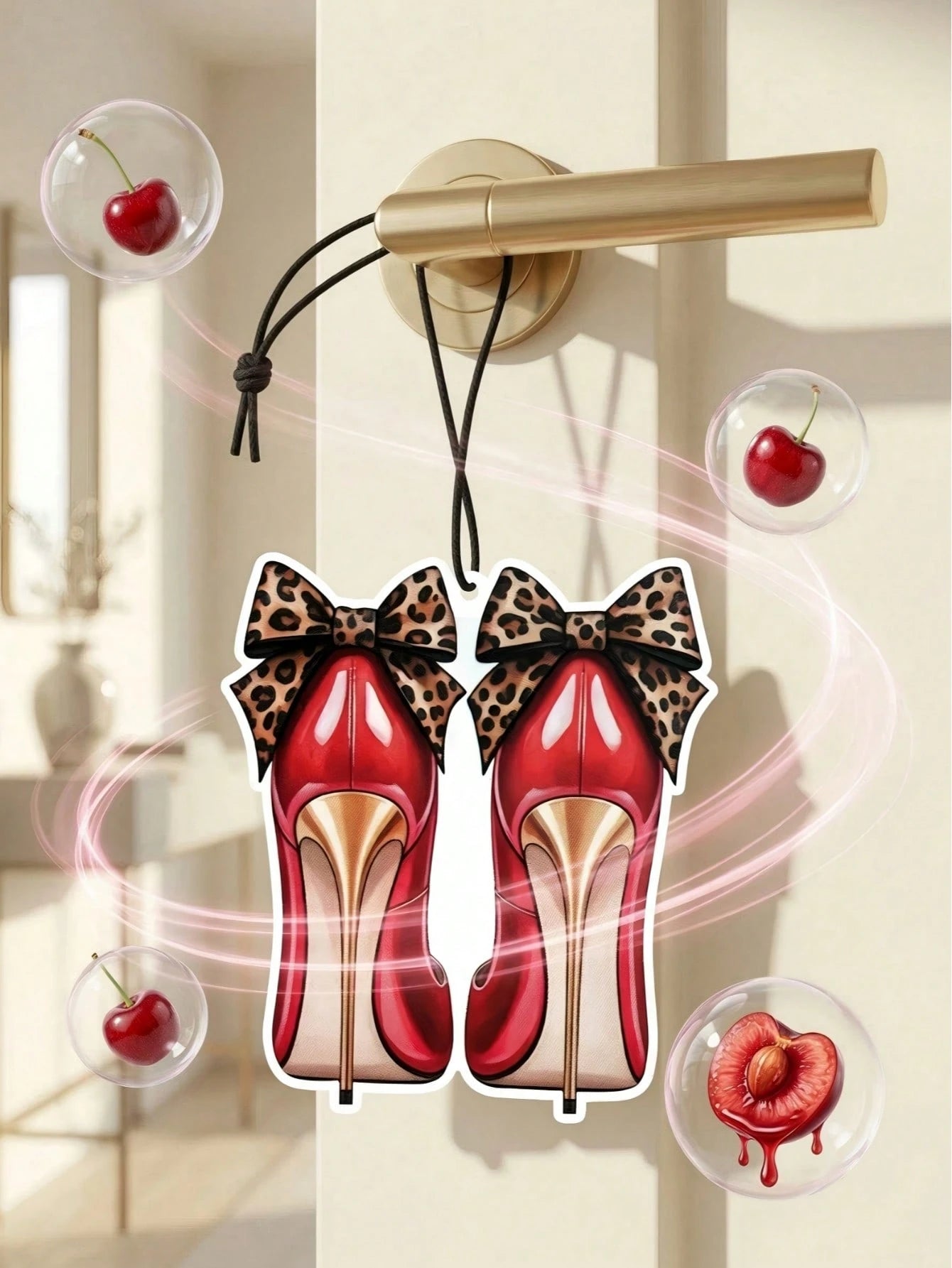 Leopard Print Car Hanging Ornament, Y2K Cherry Scented Car Air Freshener Set, Sweet And Wild Themed Fragrance Card, Leopard Bow Cherry Style, Featuring Red High Heel And Lip Design, Durable Hanging Ar
