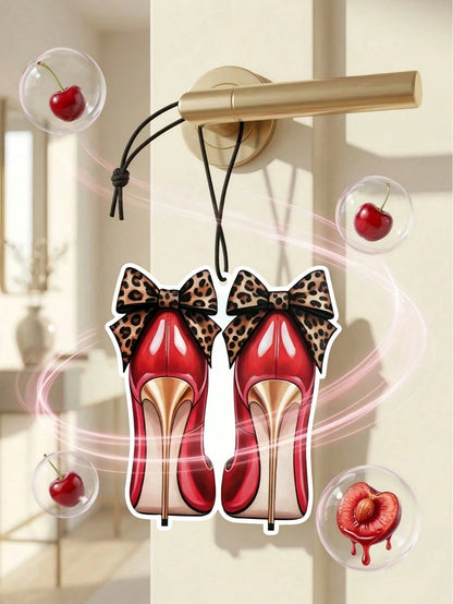 Leopard Print Car Hanging Ornament, Y2K Cherry Scented Car Air Freshener Set, Sweet And Wild Themed Fragrance Card, Leopard Bow Cherry Style, Featuring Red High Heel And Lip Design, Durable Hanging Ar