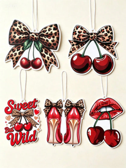 Leopard Print Car Hanging Ornament, Y2K Cherry Scented Car Air Freshener Set, Sweet And Wild Themed Fragrance Card, Leopard Bow Cherry Style, Featuring Red High Heel And Lip Design, Durable Hanging Ar