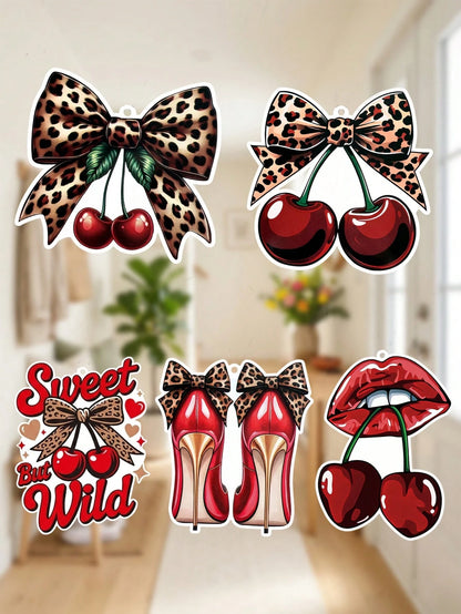 Leopard Print Car Hanging Ornament, Y2K Cherry Scented Car Air Freshener Set, Sweet And Wild Themed Fragrance Card, Leopard Bow Cherry Style, Featuring Red High Heel And Lip Design, Durable Hanging Ar
