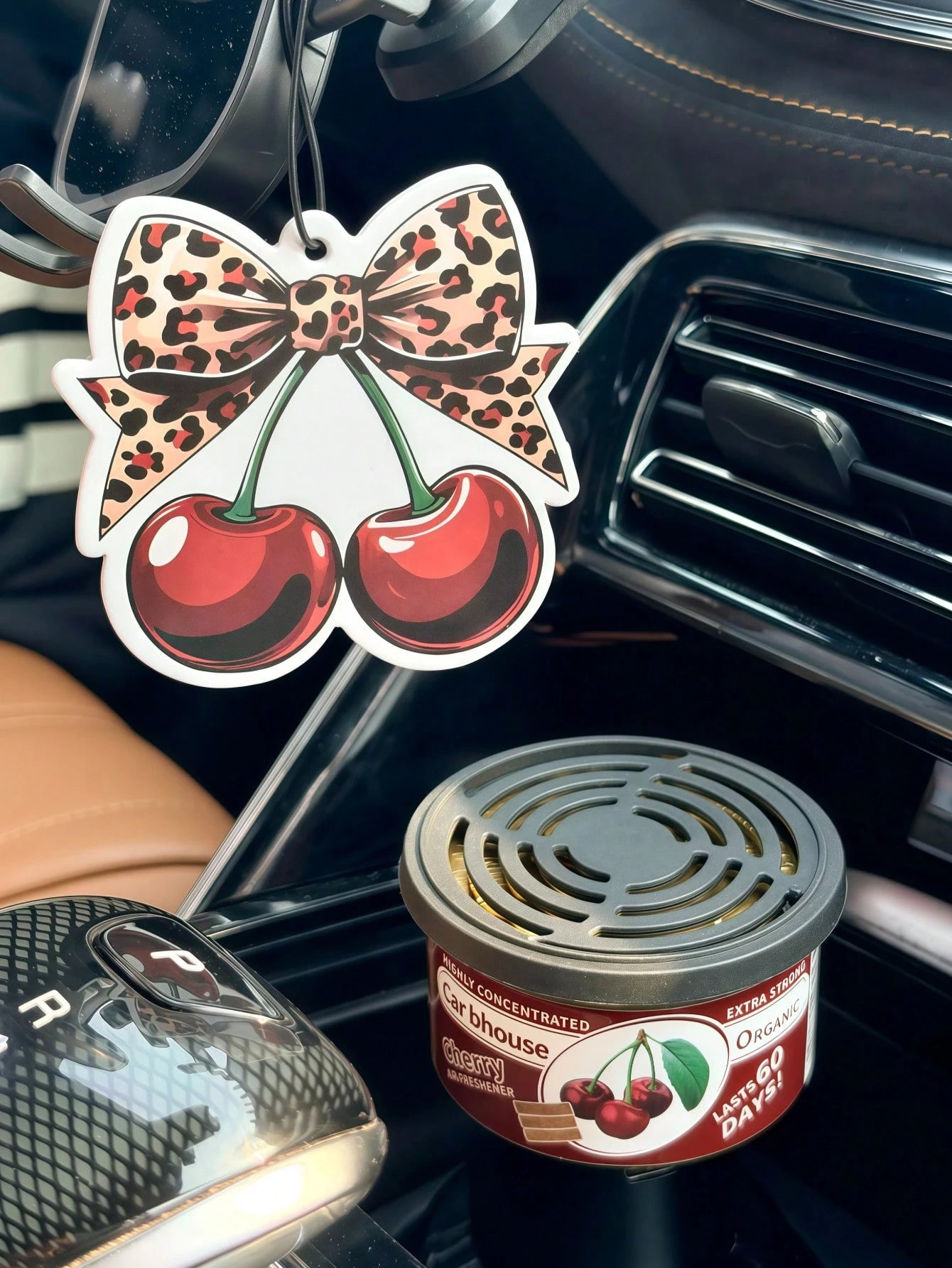 Leopard Print Car Hanging Ornament, Y2K Cherry Scented Car Air Freshener Set, Sweet And Wild Themed Fragrance Card, Leopard Bow Cherry Style, Featuring Red High Heel And Lip Design, Durable Hanging Ar