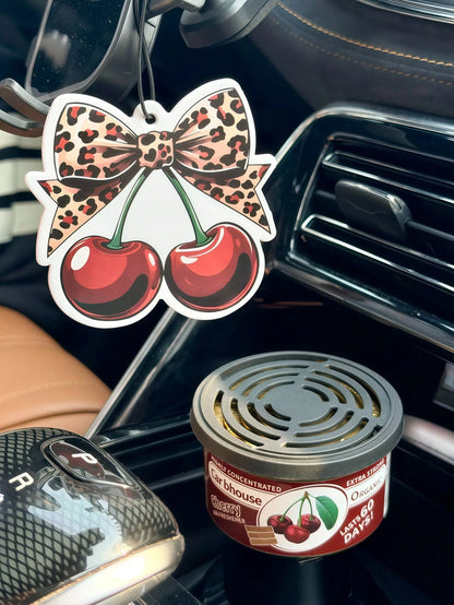 Leopard Print Car Hanging Ornament, Y2K Cherry Scented Car Air Freshener Set, Sweet And Wild Themed Fragrance Card, Leopard Bow Cherry Style, Featuring Red High Heel And Lip Design, Durable Hanging Ar