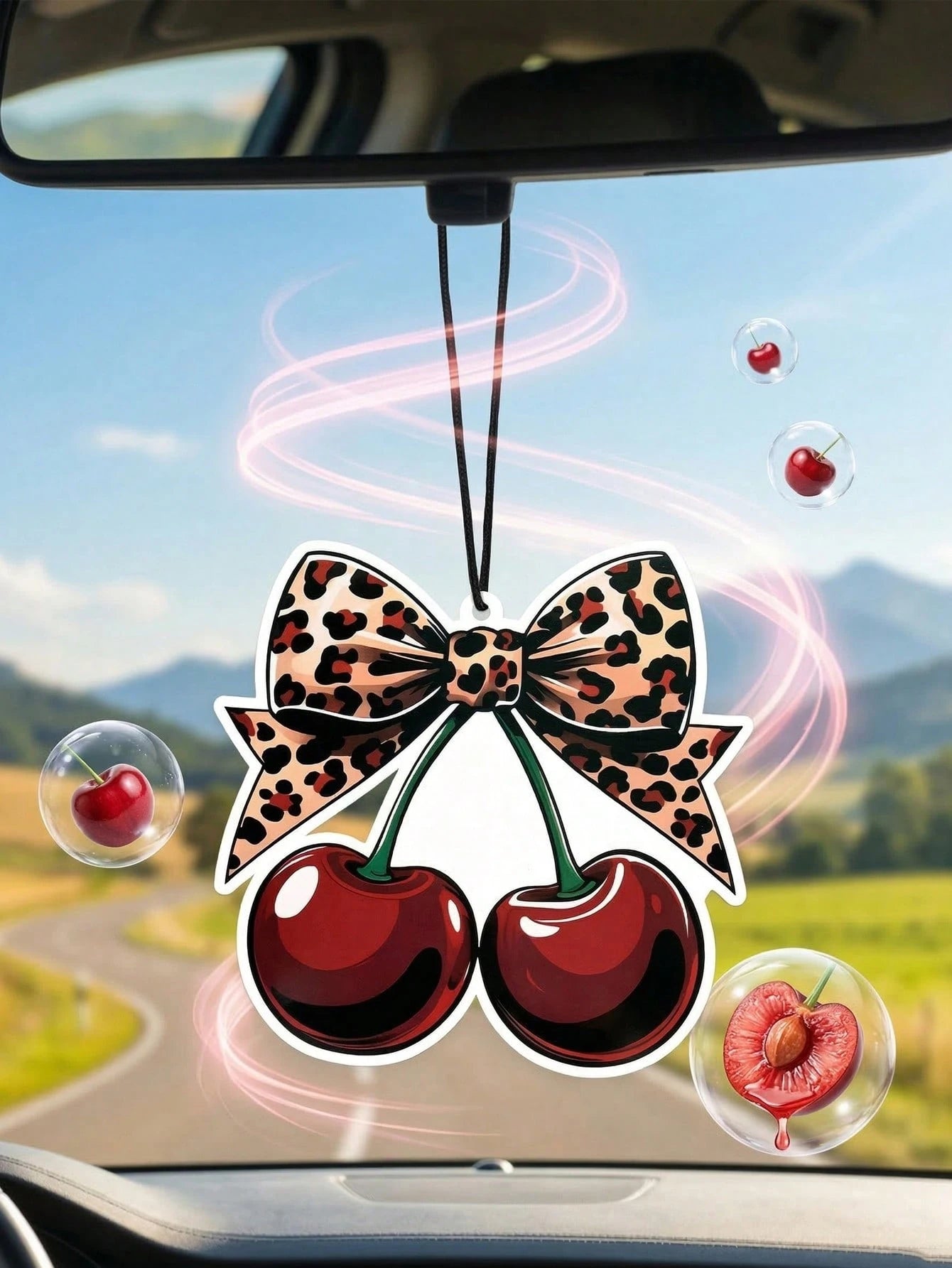 Leopard Print Car Hanging Ornament, Y2K Cherry Scented Car Air Freshener Set, Sweet And Wild Themed Fragrance Card, Leopard Bow Cherry Style, Featuring Red High Heel And Lip Design, Durable Hanging Ar