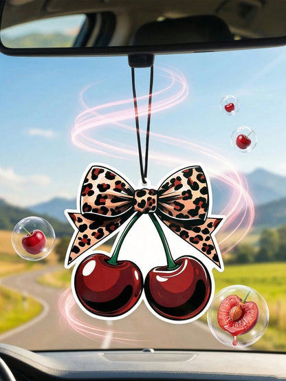 Leopard Print Car Hanging Ornament, Y2K Cherry Scented Car Air Freshener Set, Sweet And Wild Themed Fragrance Card, Leopard Bow Cherry Style, Featuring Red High Heel And Lip Design, Durable Hanging Ar