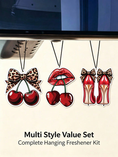 Leopard Print Car Hanging Ornament, Y2K Cherry Scented Car Air Freshener Set, Sweet And Wild Themed Fragrance Card, Leopard Bow Cherry Style, Featuring Red High Heel And Lip Design, Durable Hanging Ar