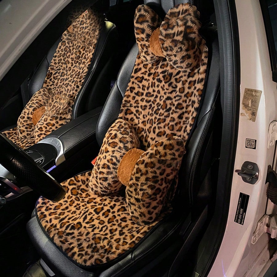 Leopard Print Car Seat Covers For Women- All-Season Soft Plush Seat Protectors, Universal Fit Stretchable Auto Cushions For Sedan/SUV/Truck