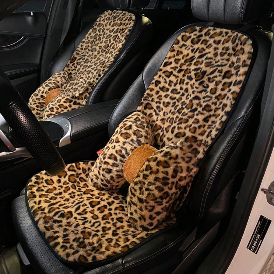 Leopard Print Car Seat Covers For Women- All-Season Soft Plush Seat Protectors, Universal Fit Stretchable Auto Cushions For Sedan/SUV/Truck