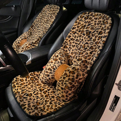Leopard Print Car Seat Covers For Women- All-Season Soft Plush Seat Protectors, Universal Fit Stretchable Auto Cushions For Sedan/SUV/Truck