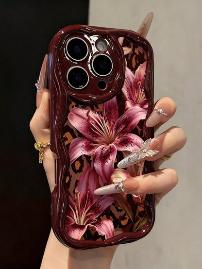 Leopard Print Lily Painted Flat Print Burgundy Color Painted Cream Texture Painted Soft Shell Suitable For IP17/IP17PROMAX/Iphone16//Iphone16pro/Iphone16promax/Iphone15/ XR/7p8p/P12promax/P13promax/P