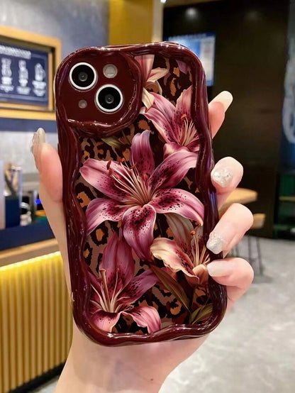 Leopard Print Lily Painted Flat Print Burgundy Color Painted Cream Texture Painted Soft Shell Suitable For IP17/IP17PROMAX/Iphone16//Iphone16pro/Iphone16promax/Iphone15/ XR/7p8p/P12promax/P13promax/P