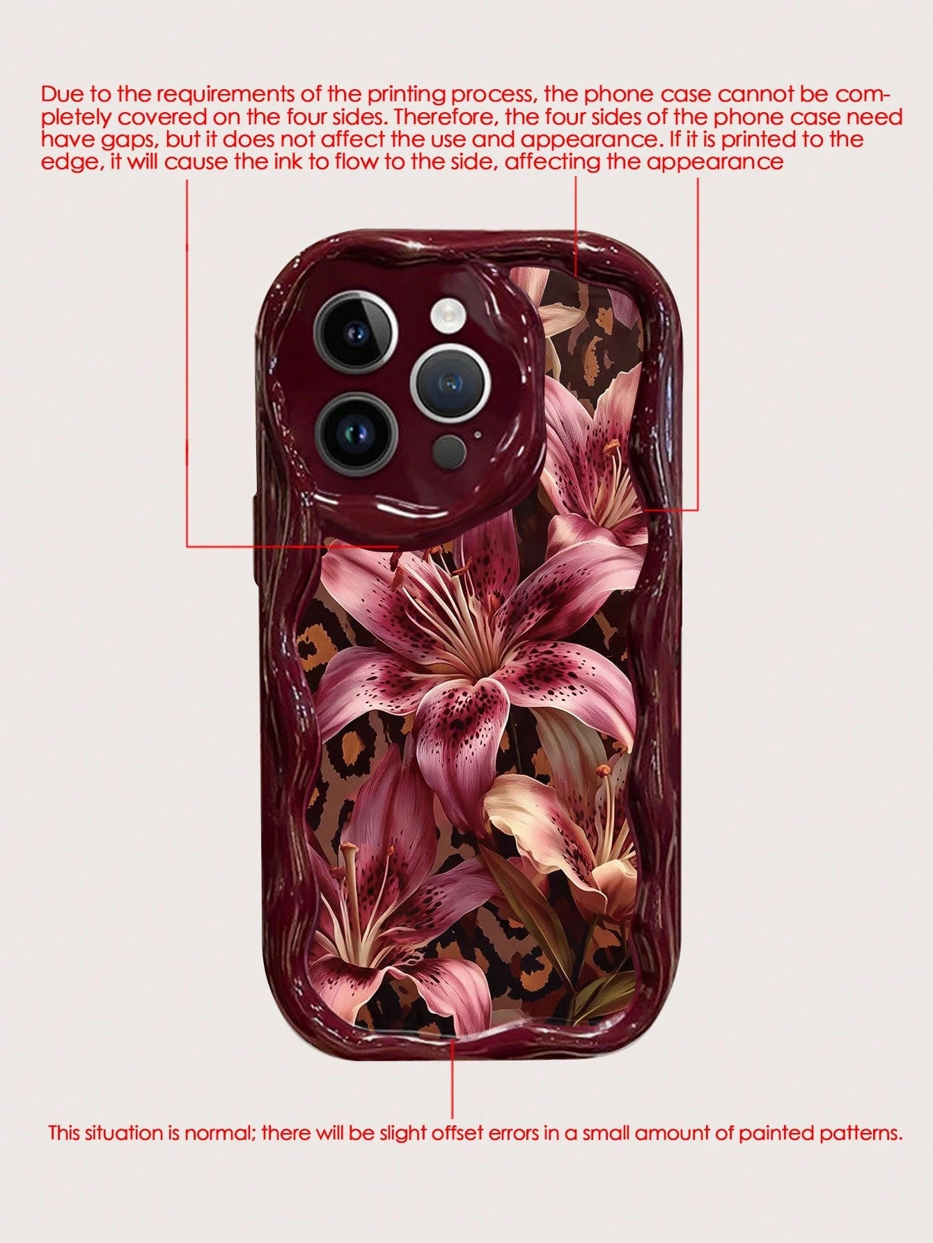Leopard Print Lily Painted Flat Print Burgundy Color Painted Cream Texture Painted Soft Shell Suitable For IP17/IP17PROMAX/Iphone16//Iphone16pro/Iphone16promax/Iphone15/ XR/7p8p/P12promax/P13promax/P