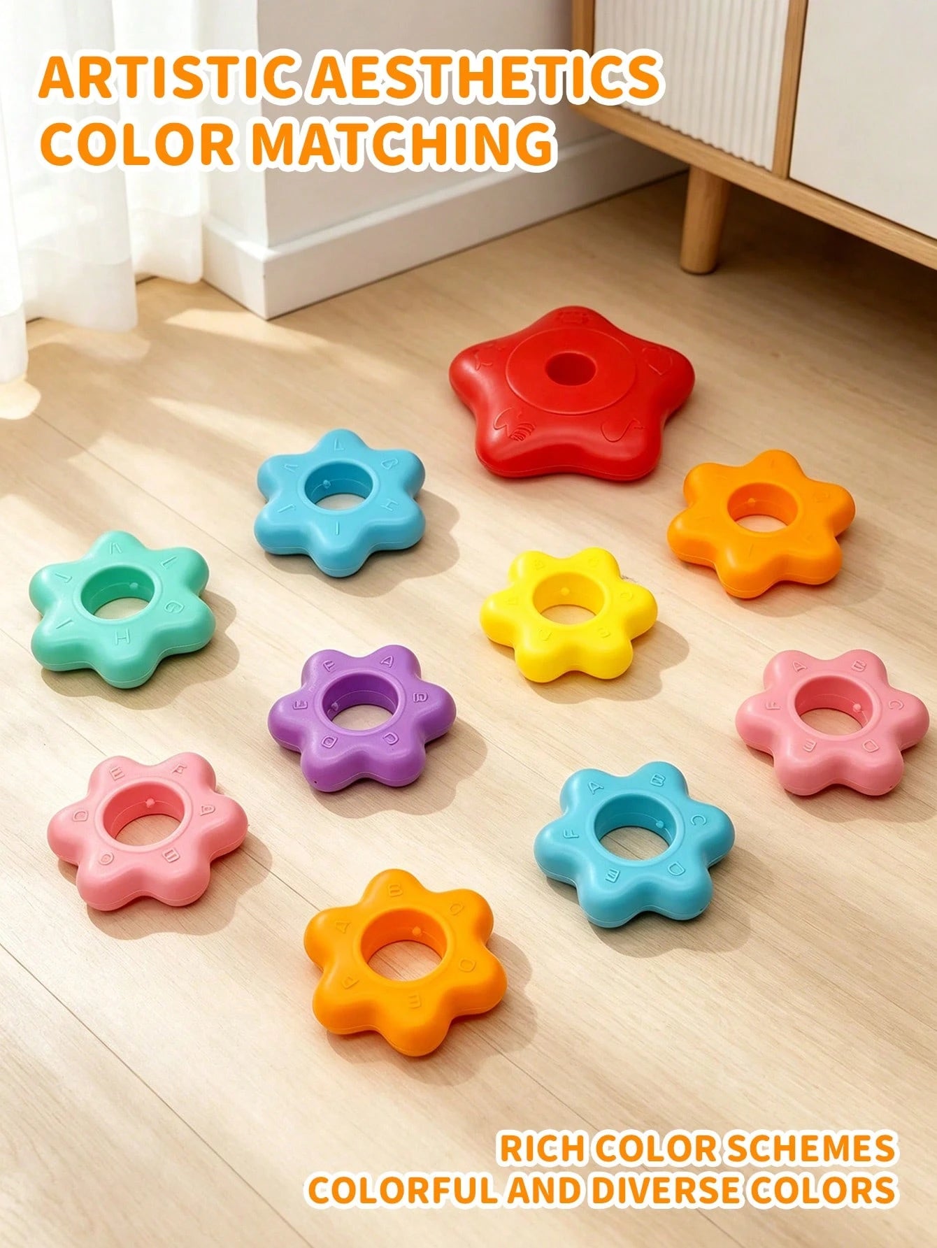 Letter & Number Star Stackable Ring Toy, Burr-Free Plastic Material, Distinct Colors With Cognitive Imprints; Suitable For Children, Indoor Desktop Leisure Play, Character & Color Recognition, Fine Mo