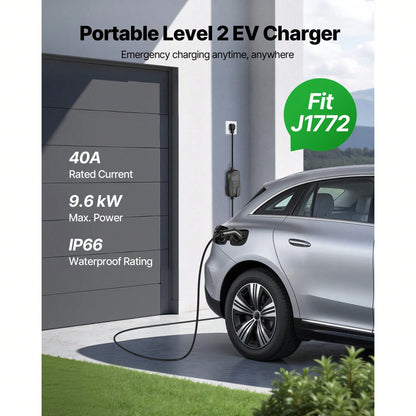 Level 2 EV Charger, 40 Amp Adjustable Current, 240V Electric Vehicle Portable Charger With 25 Ft Charging Cable, LCD Display, NEMA 14-50P Plug, Plug-In Home Car Charging Station For SAE J1772 EV