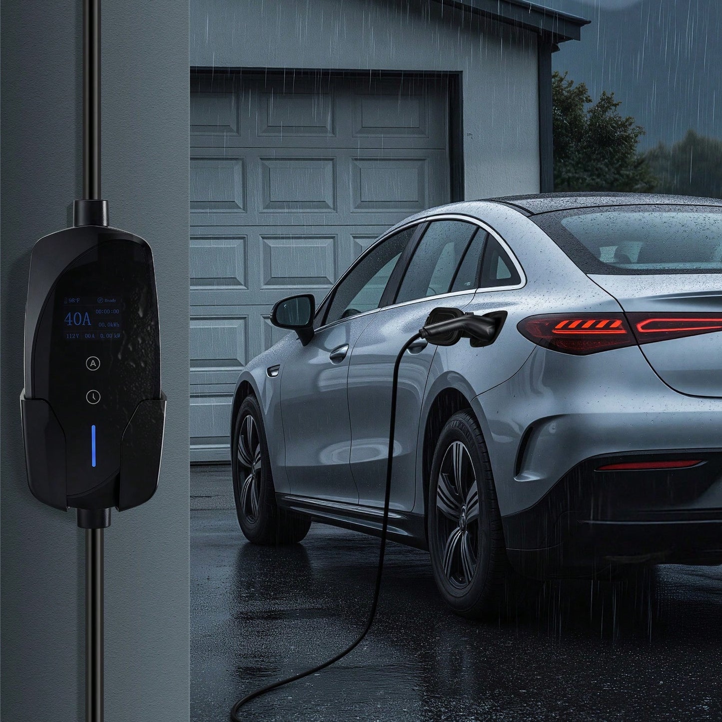 Level 2 EV Charger, 40 Amp Adjustable Current, 240V Electric Vehicle Portable Charger With 25 Ft Charging Cable, LCD Display, NEMA 14-50P Plug, Plug-In Home Car Charging Station For SAE J1772 EV