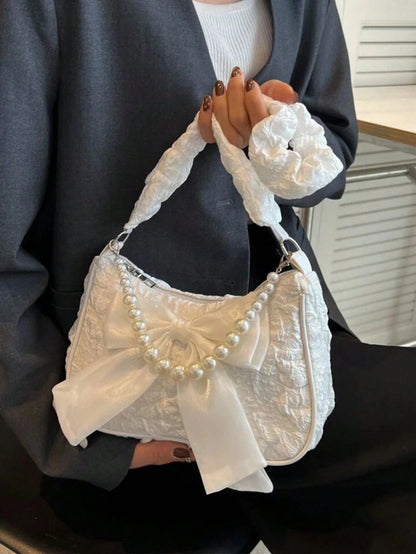 Lightweight Business Casual Diamond Grid Princess Style Faux Pearl Rhinestone Handbag, Decorated With Faux Pearl Chain And Jacquard Bow, Suitable For Party, Wedding, Prom And Formal Occasions, Can Hol
