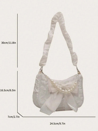 Lightweight Business Casual Diamond Grid Princess Style Faux Pearl Rhinestone Handbag, Decorated With Faux Pearl Chain And Jacquard Bow, Suitable For Party, Wedding, Prom And Formal Occasions, Can Hol