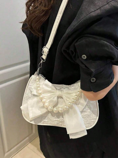 Lightweight Business Casual Diamond Grid Princess Style Faux Pearl Rhinestone Handbag, Decorated With Faux Pearl Chain And Jacquard Bow, Suitable For Party, Wedding, Prom And Formal Occasions, Can Hol