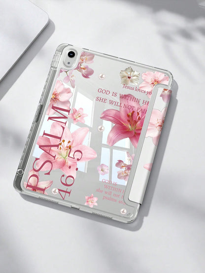 Lily Flower Pattern & Slogan Tablet Protective Case Compatible With Ipad Air 11" M3 2025/M2 2024, Air 5th Gen 2022, (A16) 11" 11th Gen 2025, Galaxy Tab, Kindle Paperwhite 12th Gen 2024, Transparent Ba