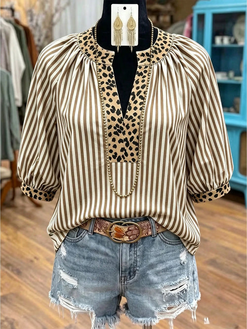 Linhara Fashion Casual Vacation Vintage Elegant Commute 3/4 Sleeve Blue Printed Blouse Fall