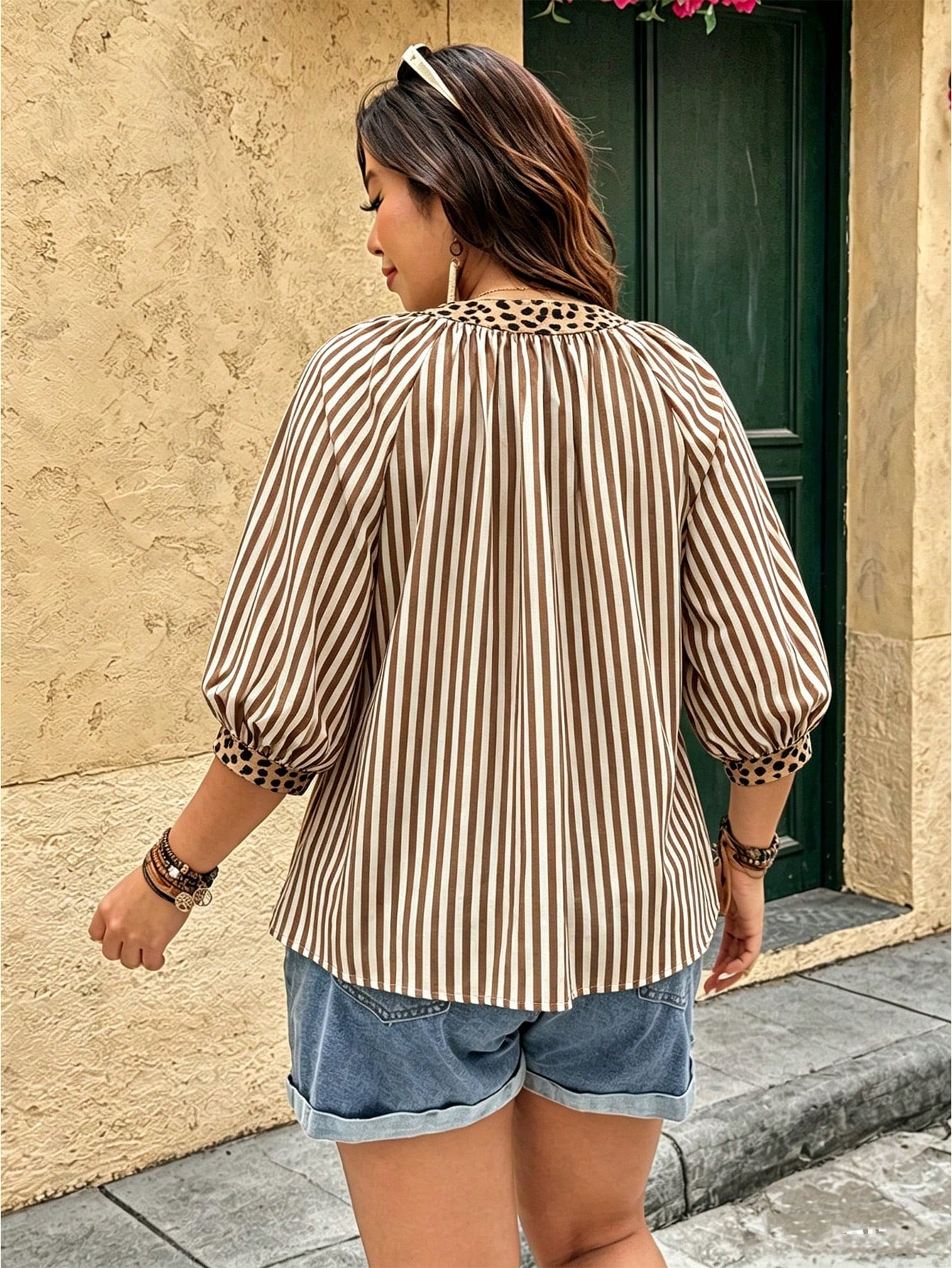 Linhara Fashion Casual Vacation Vintage Elegant Commute 3/4 Sleeve Blue Printed Blouse Fall