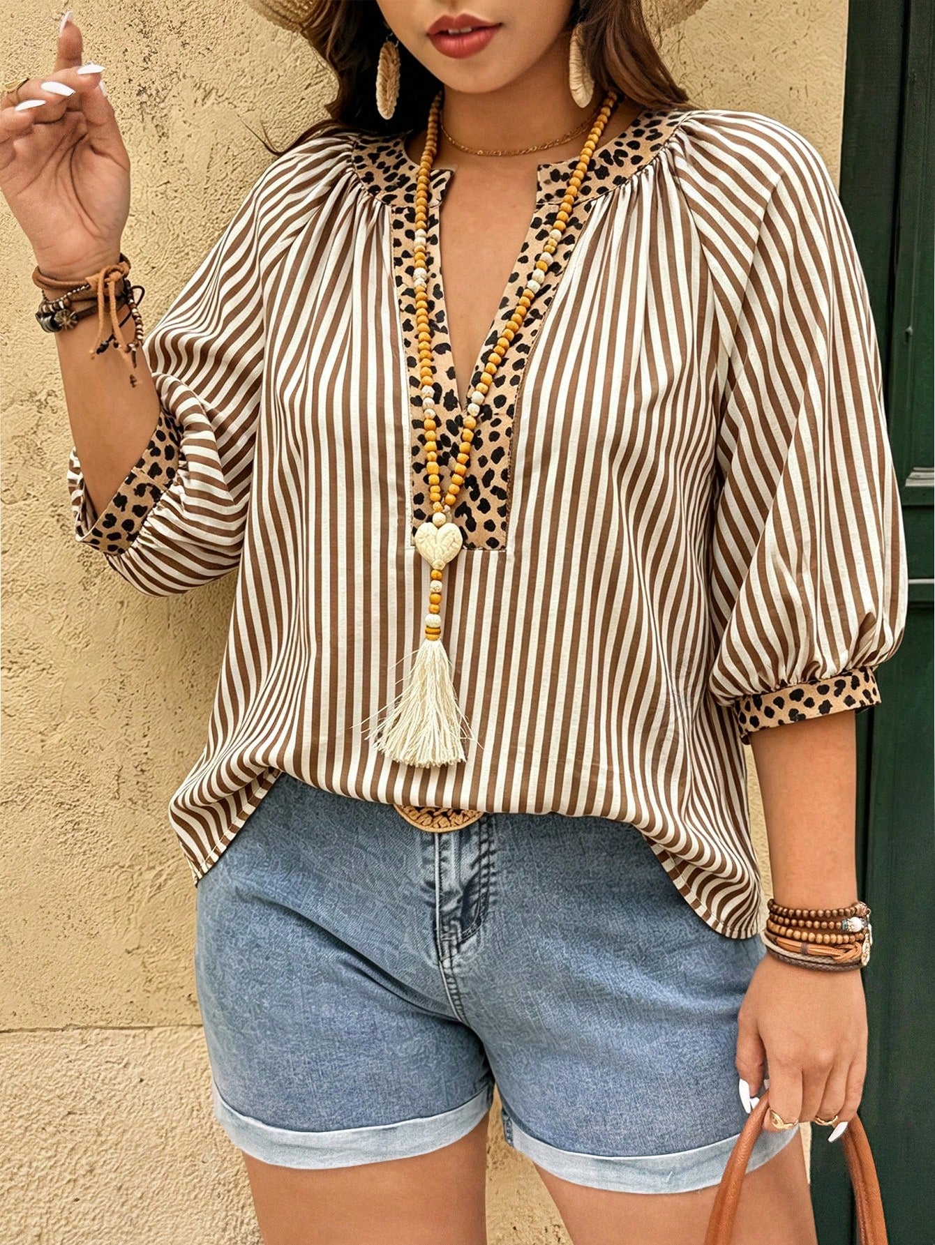 Linhara Fashion Casual Vacation Vintage Elegant Commute 3/4 Sleeve Blue Printed Blouse Fall