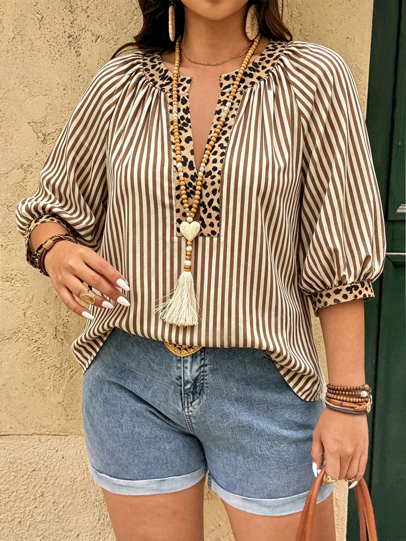 Linhara Fashion Casual Vacation Vintage Elegant Commute 3/4 Sleeve Blue Printed Blouse Fall