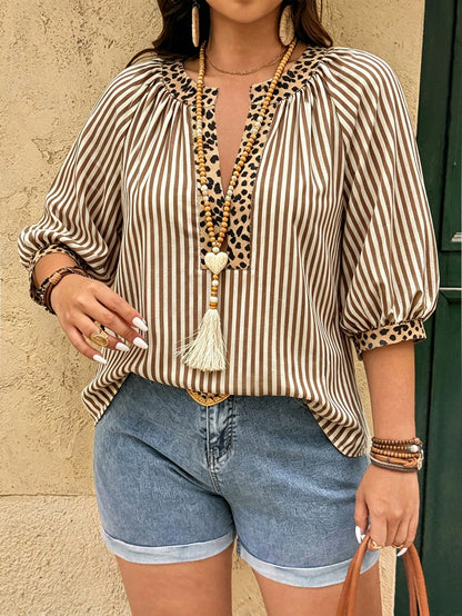 Linhara Fashion Casual Vacation Vintage Elegant Commute 3/4 Sleeve Blue Printed Blouse Fall