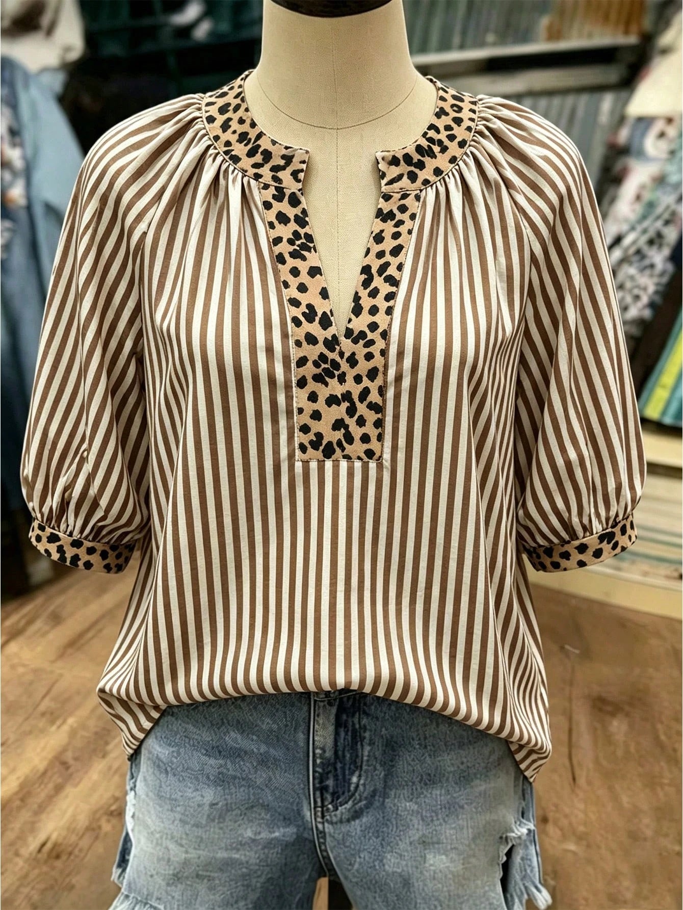 Linhara Fashion Casual Vacation Vintage Elegant Commute 3/4 Sleeve Blue Printed Blouse Fall