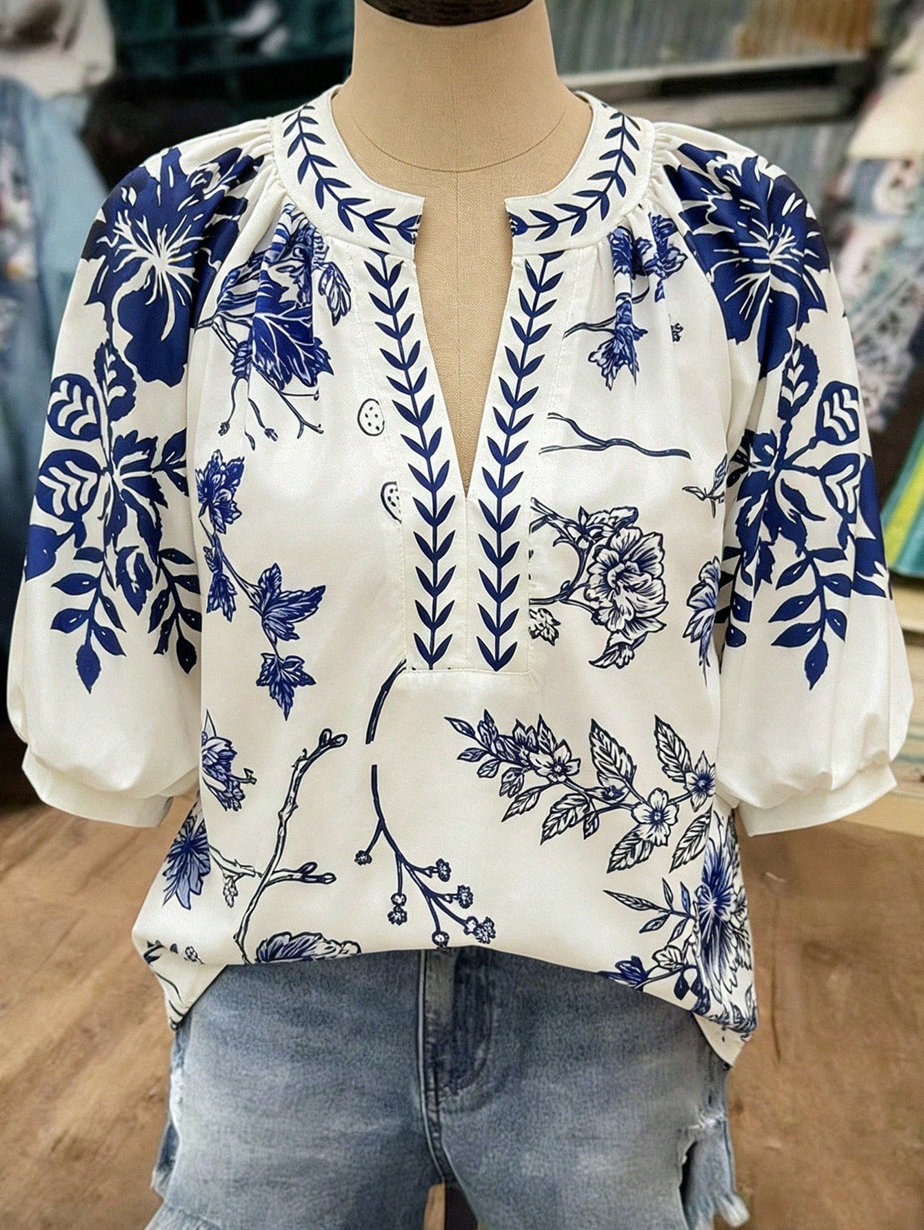Linhara Fashion Casual Vacation Vintage Elegant Commute 3/4 Sleeve Blue Printed Blouse Fall