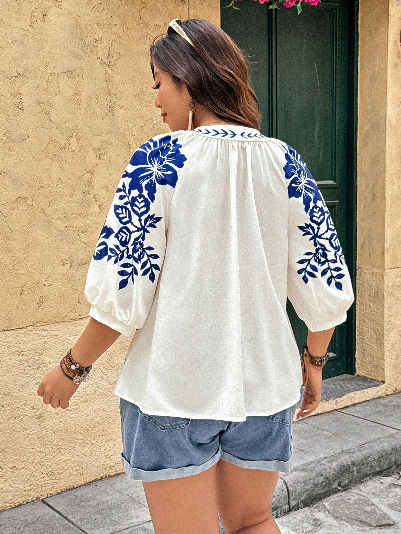Linhara Fashion Casual Vacation Vintage Elegant Commute 3/4 Sleeve Blue Printed Blouse Fall