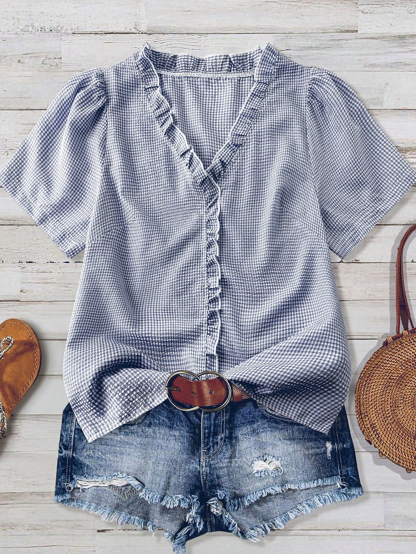 Linhara Plus Size Women's Solid Color Textured V-Neck Short Sleeve Casual Regular Blouse, Suitable For Going Out, Vacation, Club