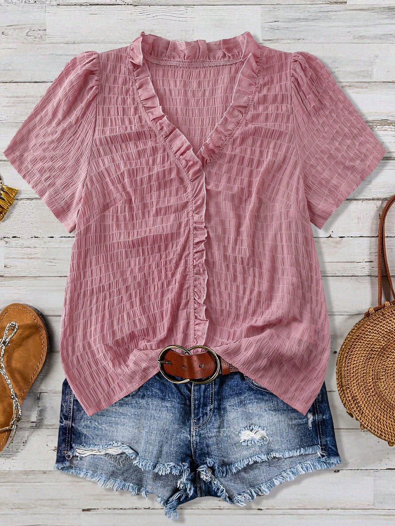 Linhara Plus Size Women's Solid Color Textured V-Neck Short Sleeve Casual Regular Blouse, Suitable For Going Out, Vacation, Club
