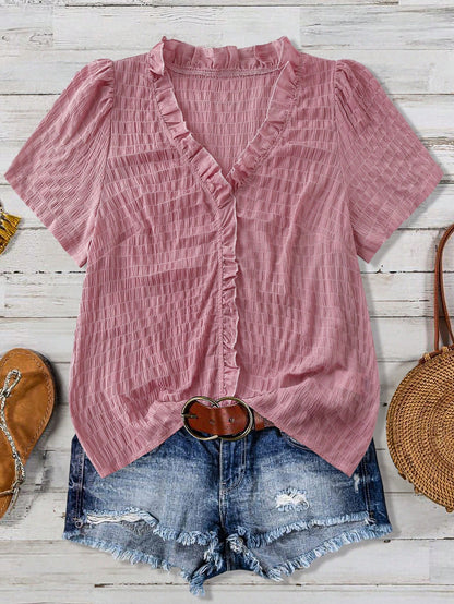 Linhara Plus Size Women's Solid Color Textured V-Neck Short Sleeve Casual Regular Blouse, Suitable For Going Out, Vacation, Club