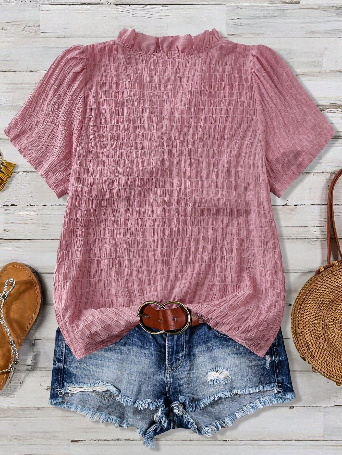 Linhara Plus Size Women's Solid Color Textured V-Neck Short Sleeve Casual Regular Blouse, Suitable For Going Out, Vacation, Club