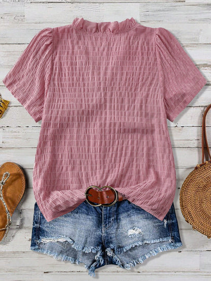 Linhara Plus Size Women's Solid Color Textured V-Neck Short Sleeve Casual Regular Blouse, Suitable For Going Out, Vacation, Club