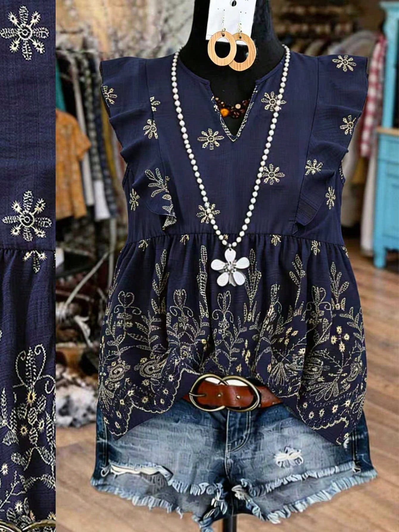 Linhara Plus Size Women's Summer Navy Blue Printed Casual Blouses,Boho Vacation Holiday Linen Shirt, Chic,Spring Sleeveless Ruffle Tops