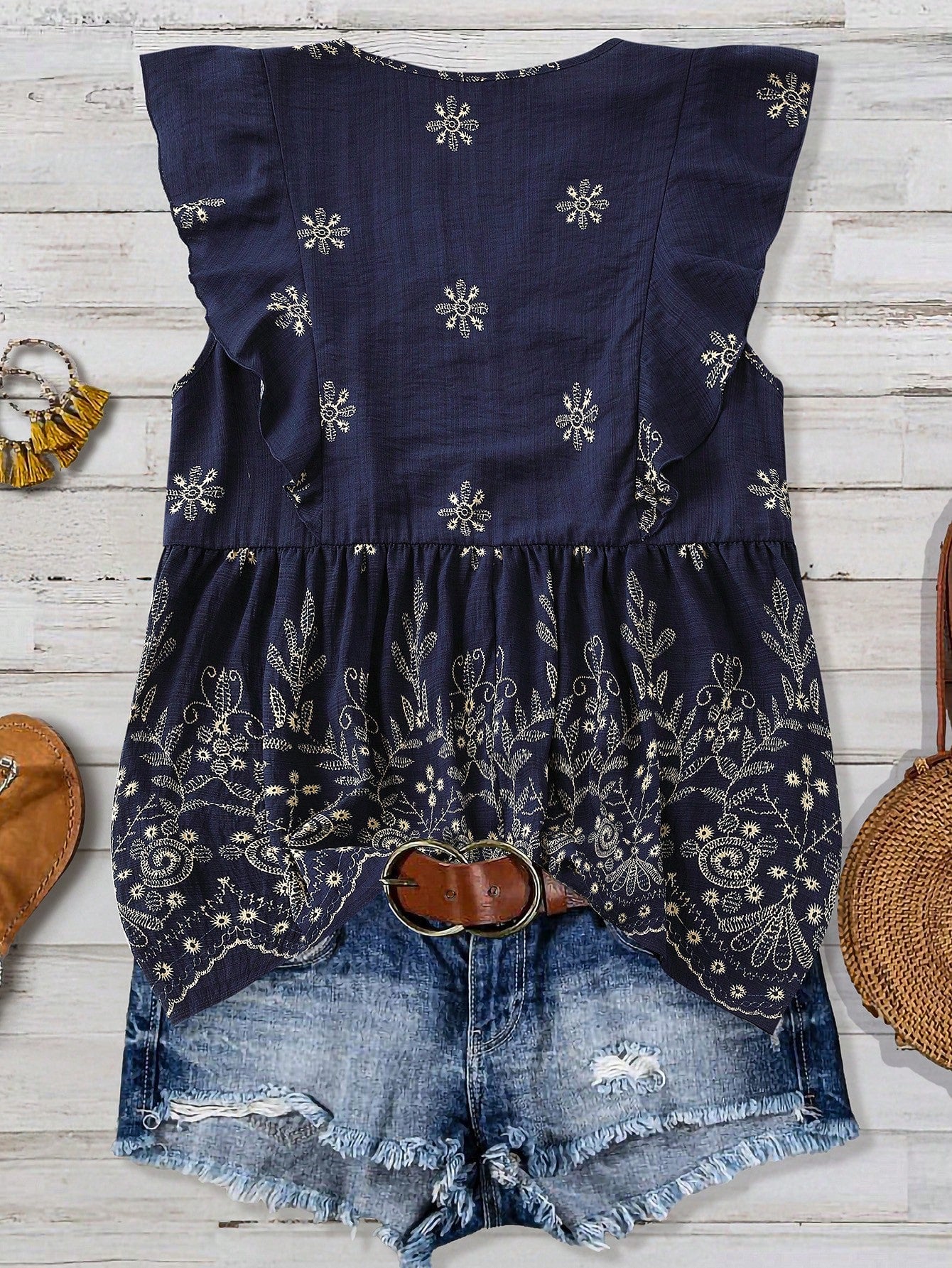 Linhara Plus Size Women's Summer Navy Blue Printed Casual Blouses,Boho Vacation Holiday Linen Shirt, Chic,Spring Sleeveless Ruffle Tops