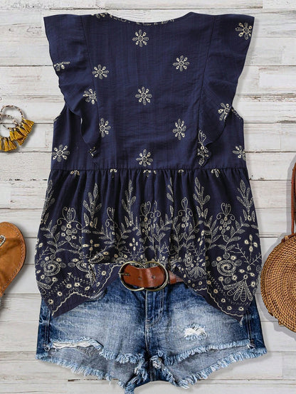 Linhara Plus Size Women's Summer Navy Blue Printed Casual Blouses,Boho Vacation Holiday Linen Shirt, Chic,Spring Sleeveless Ruffle Tops