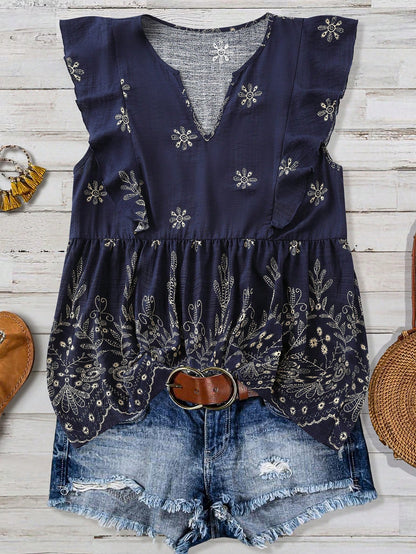 Linhara Plus Size Women's Summer Navy Blue Printed Casual Blouses,Boho Vacation Holiday Linen Shirt, Chic,Spring Sleeveless Ruffle Tops
