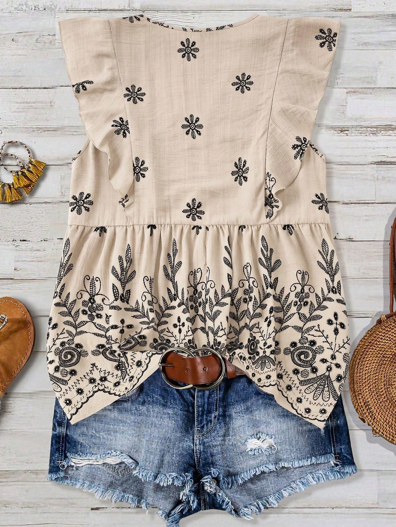 Linhara Plus Size Women's Summer Navy Blue Printed Casual Blouses,Boho Vacation Holiday Linen Shirt, Chic,Spring Sleeveless Ruffle Tops