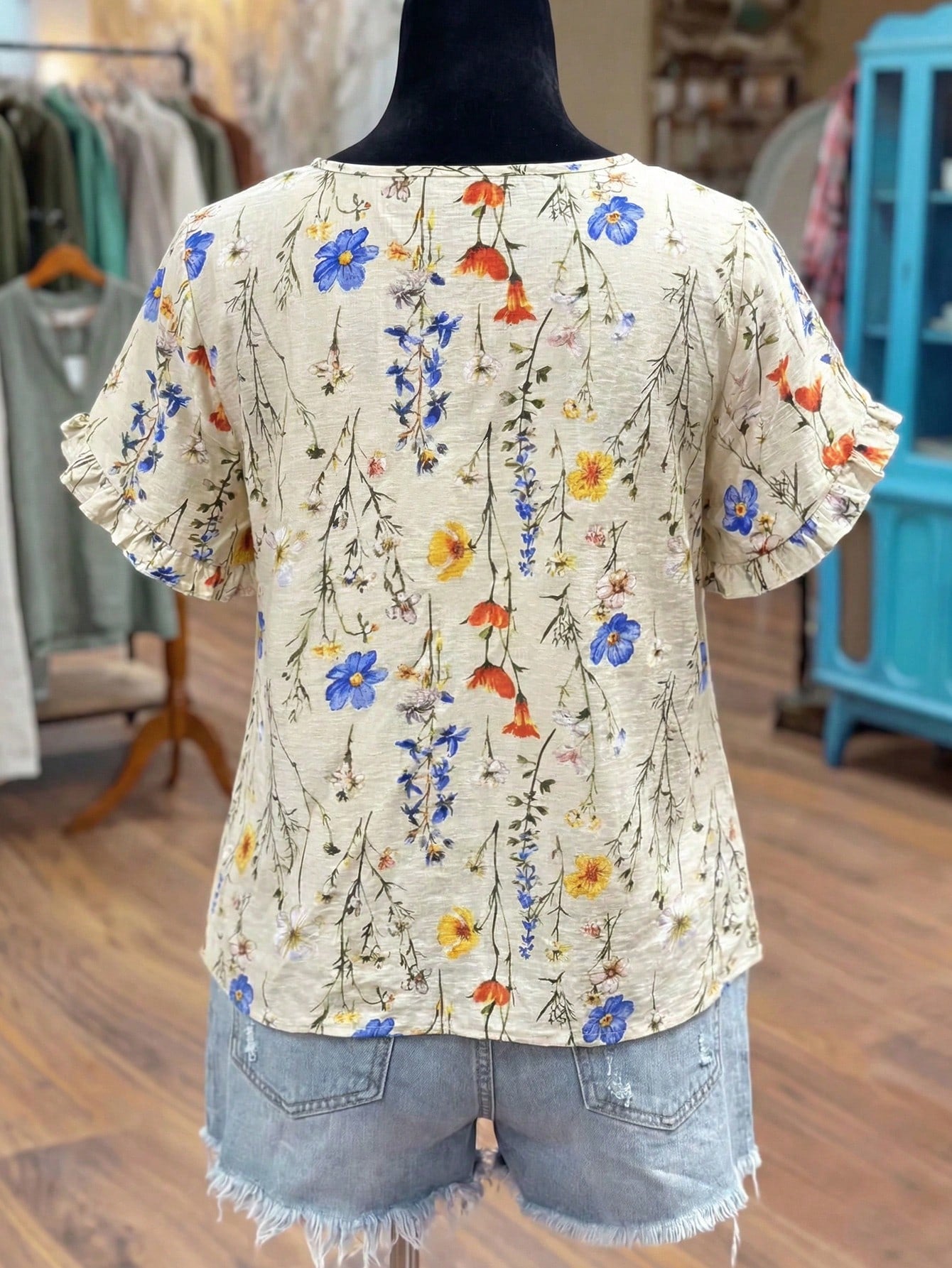 Linhara Plus Size Women Summer Beige Boho Vacation Holiday Colorful Print Frill Trim Short Sleeve Casual Loose Flattering Commute Fashion Stylish Blouse