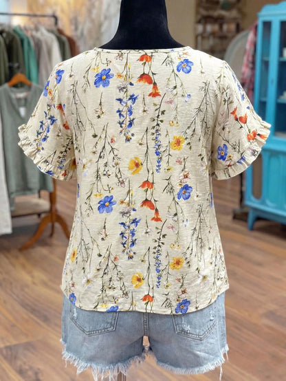 Linhara Plus Size Women Summer Beige Boho Vacation Holiday Colorful Print Frill Trim Short Sleeve Casual Loose Flattering Commute Fashion Stylish Blouse
