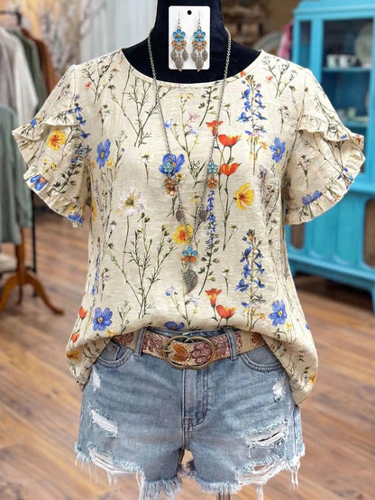Linhara Plus Size Women Summer Beige Boho Vacation Holiday Colorful Print Frill Trim Short Sleeve Casual Loose Flattering Commute Fashion Stylish Blouse